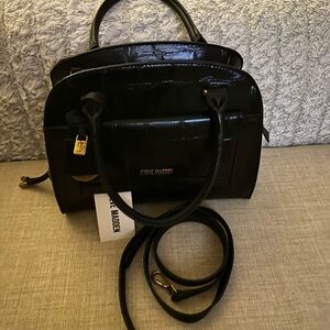 NEW-Steve Madden Black Croc-Pattern Satchel, Black
